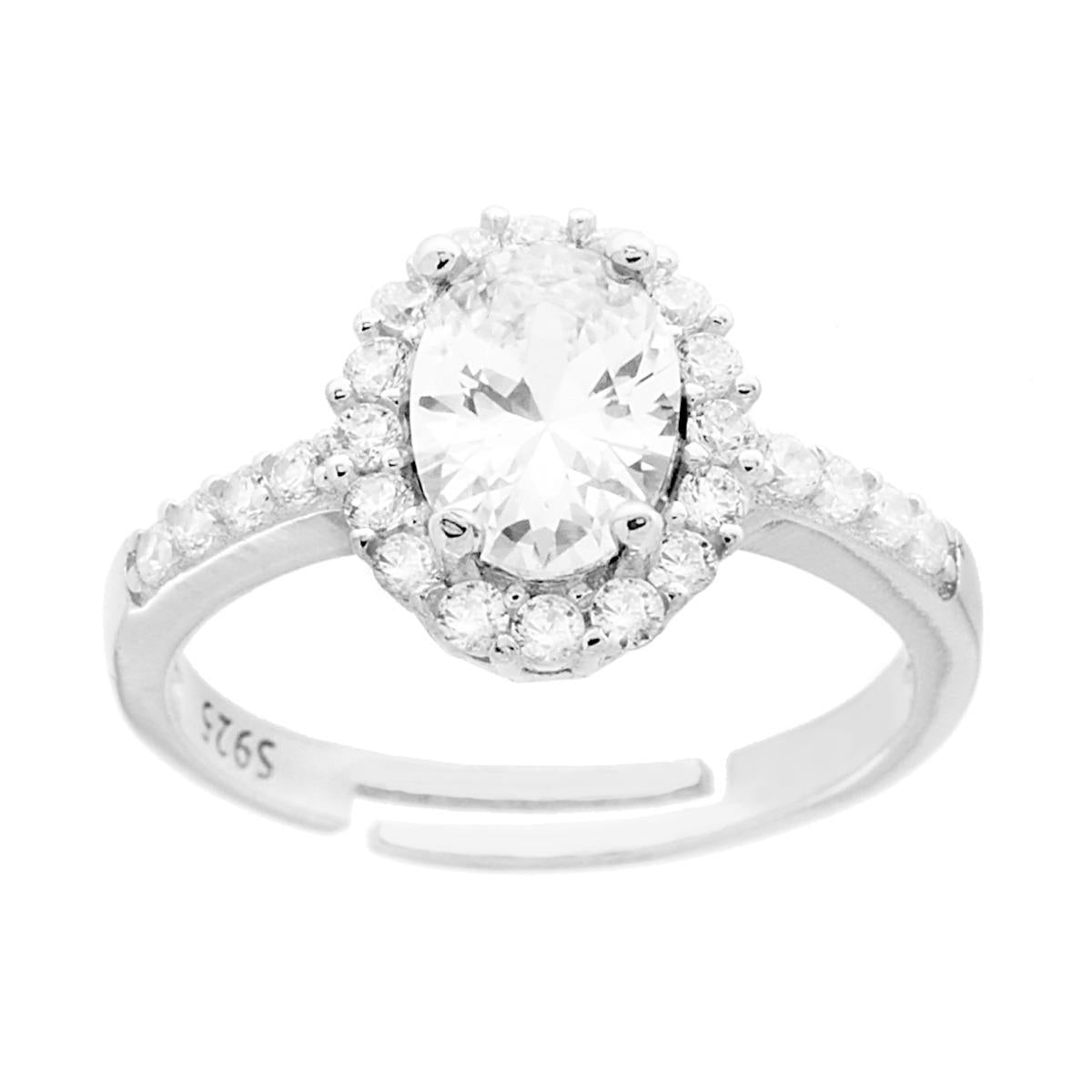 Anello Halo Solitario con Zircone Ovale Bianco contornato da Zirconi Bianchi in ARGENTO 925 Galvanica Rodio