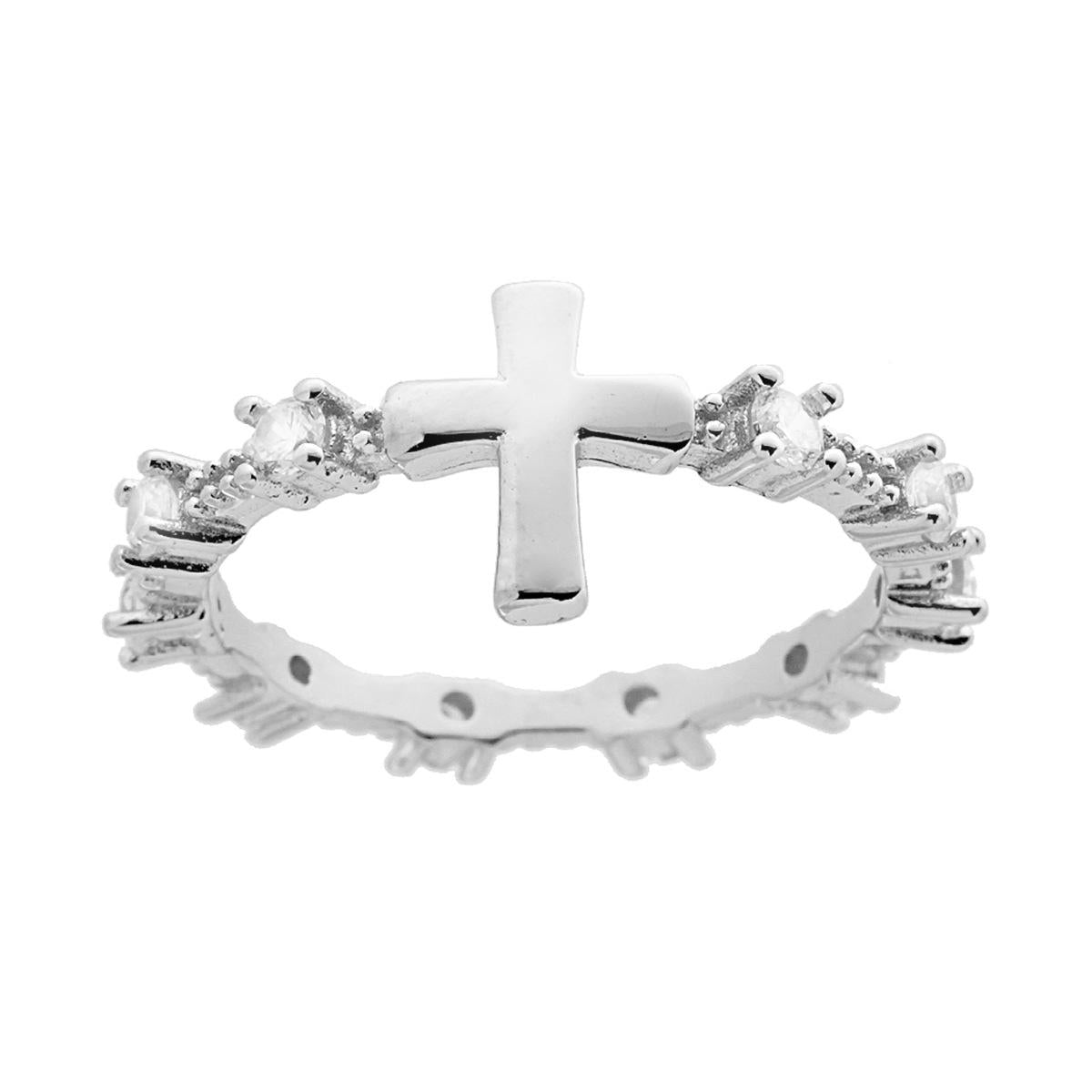 Anello Rosario con Croce e Cubic Zirconia Bianco in ARGENTO 925 Galvanica Rodio