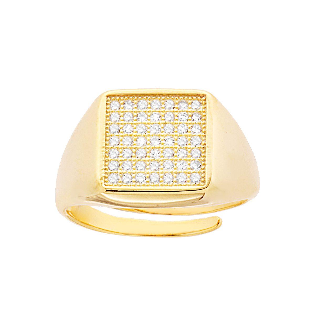 Anello Chevalier Quadrato con Cubic Zirconia Bianchi in ARGENTO 925 Galvanica Oro