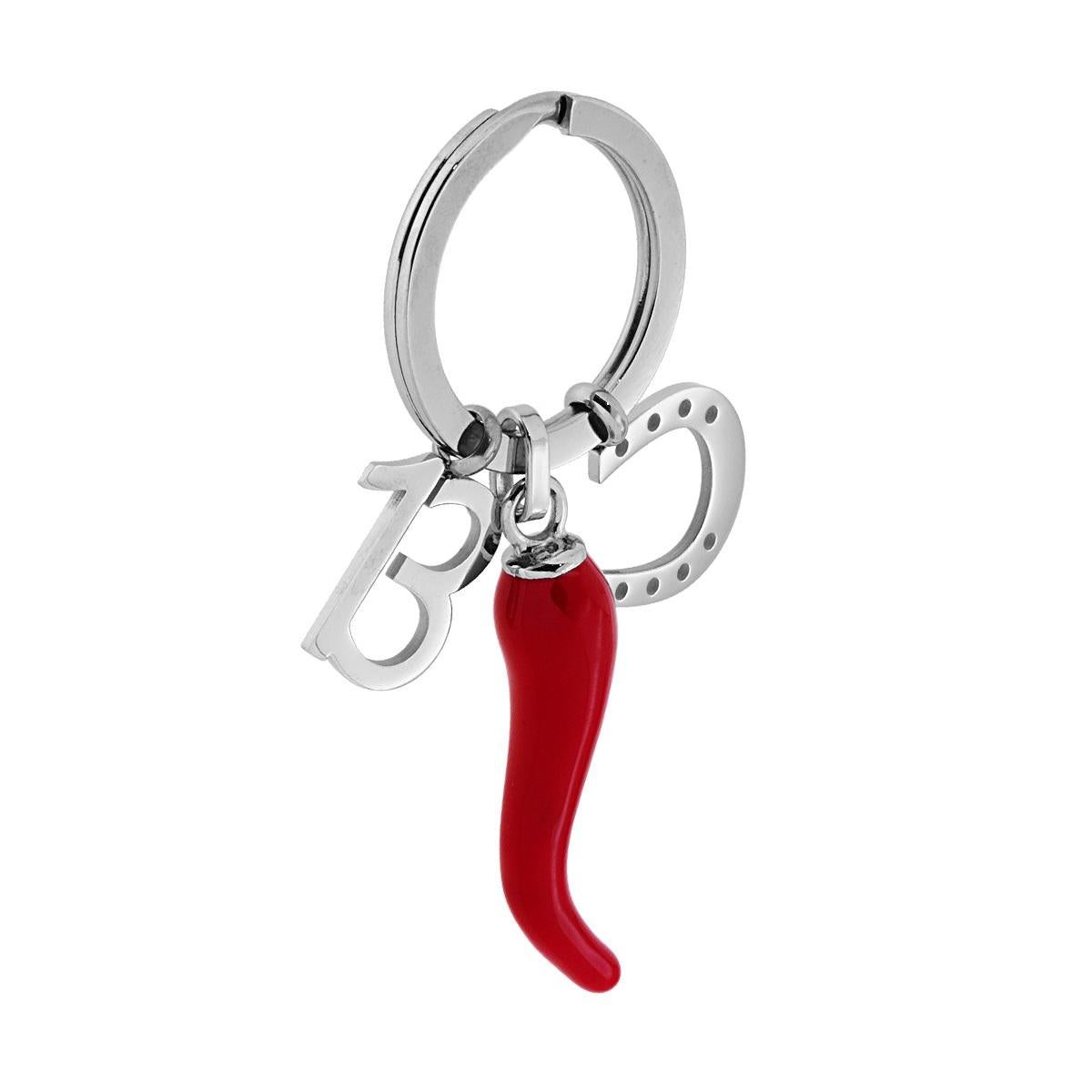 Portachiavi Uomo Donna ad anello con soggetti Portafortuna a forma di Corno Rosso Ferro di Cavallo e Numero 13 in ACCIAIO