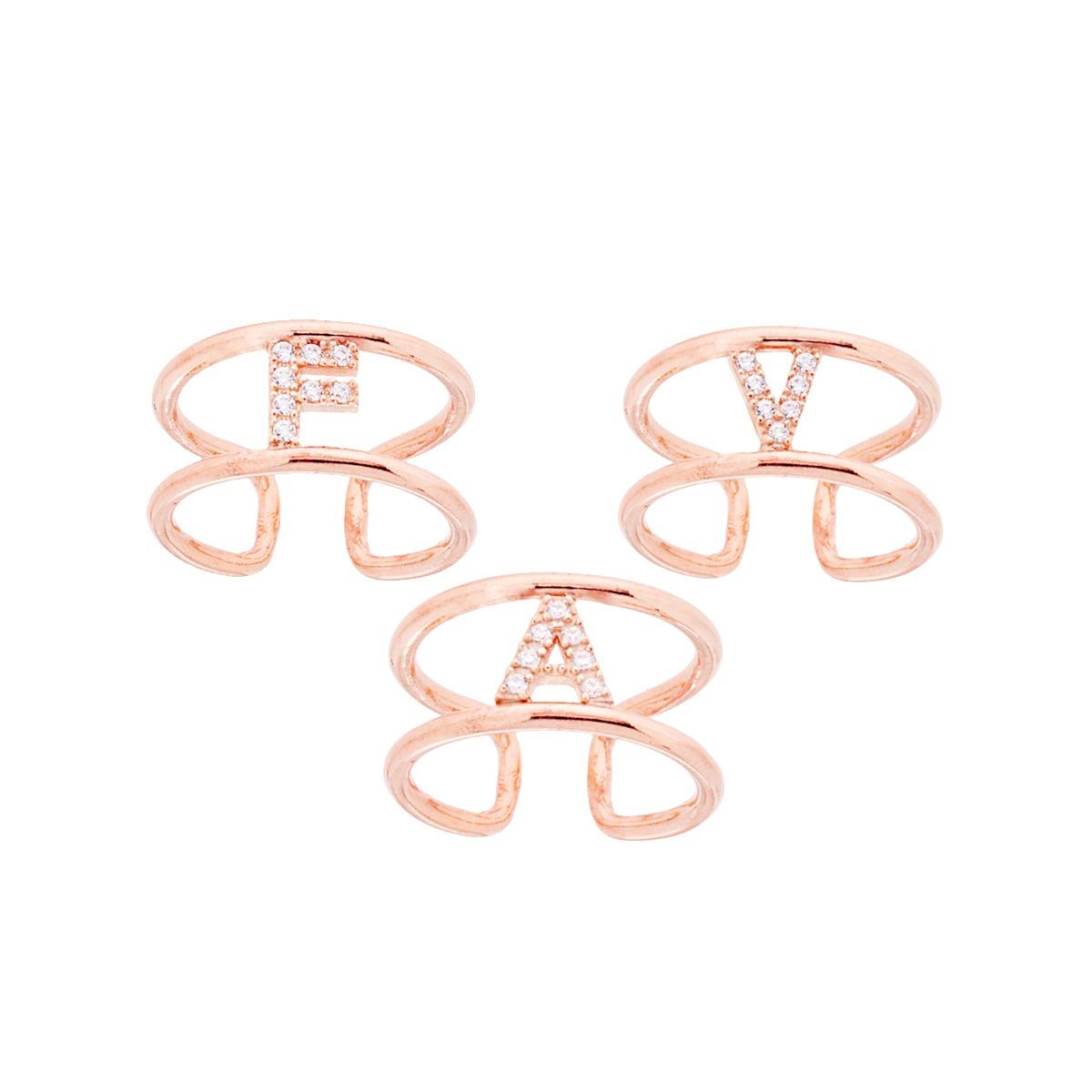 Anello Fascione a Doppio Gambo con Lettera Iniziale Nome con Zirconi Bianchi in ARGENTO 925 Galvanica Rosa