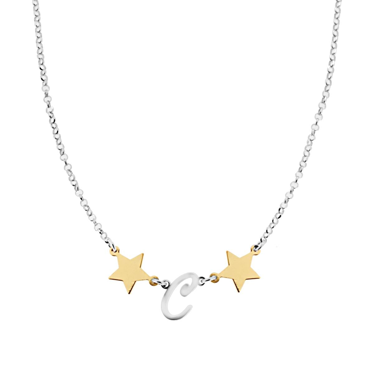 Collana Lettera Iniziale C con Stelle Galvanica Oro in ARGENTO 925 Galvanica Rodio