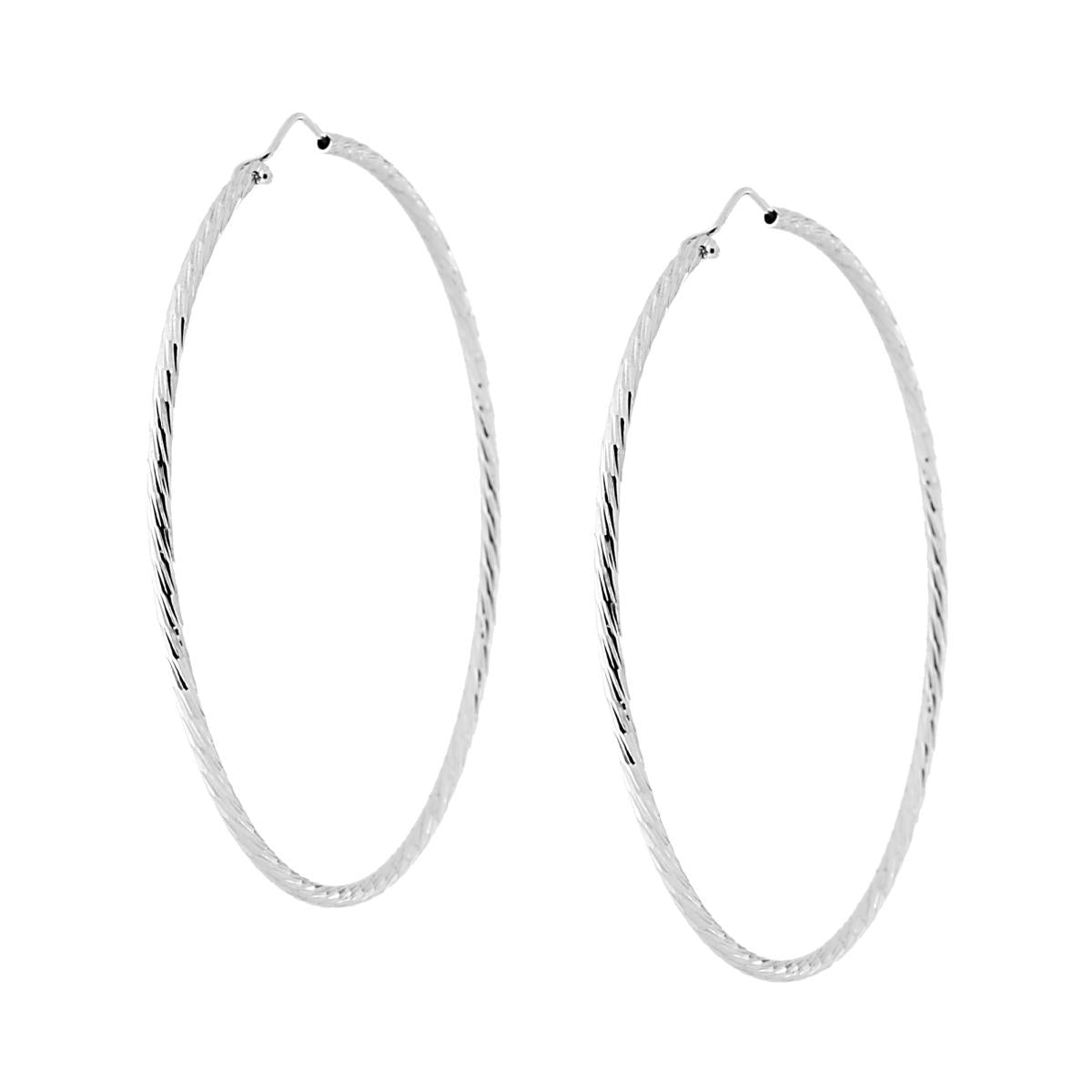 Orecchini a Cerchio Diamantato mm 65 con canna mm 2 in ARGENTO 925 Galvanica Rodio