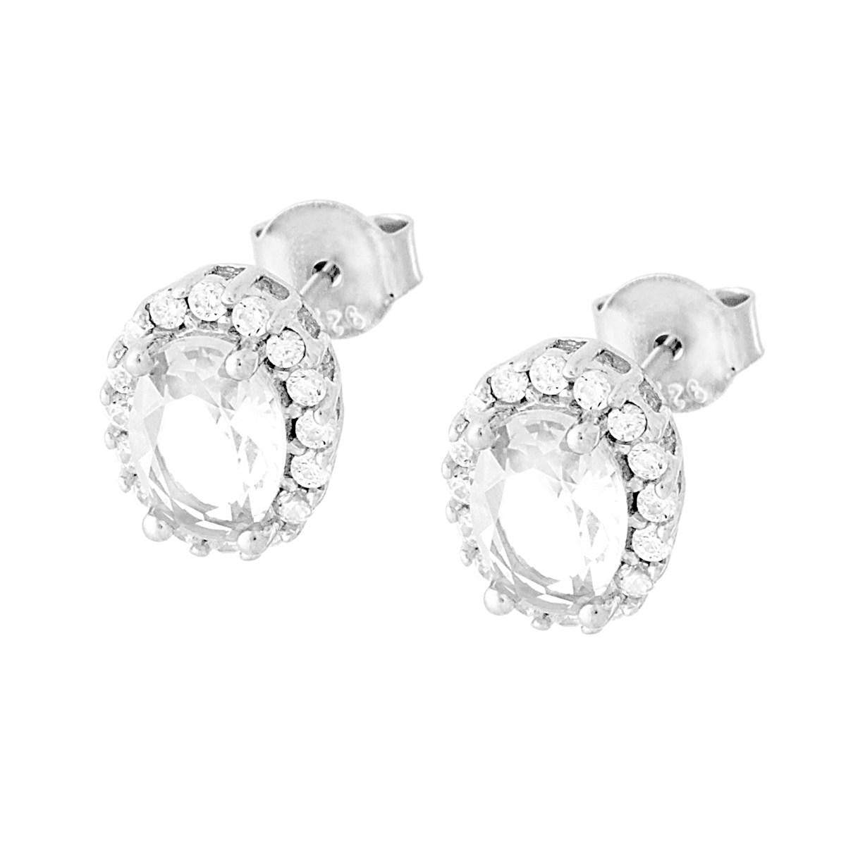 Orecchini forma Ovale con Zircone Bianco contornato con Zirconi Bianchi in ARGENTO 925 Galvanica Rodio