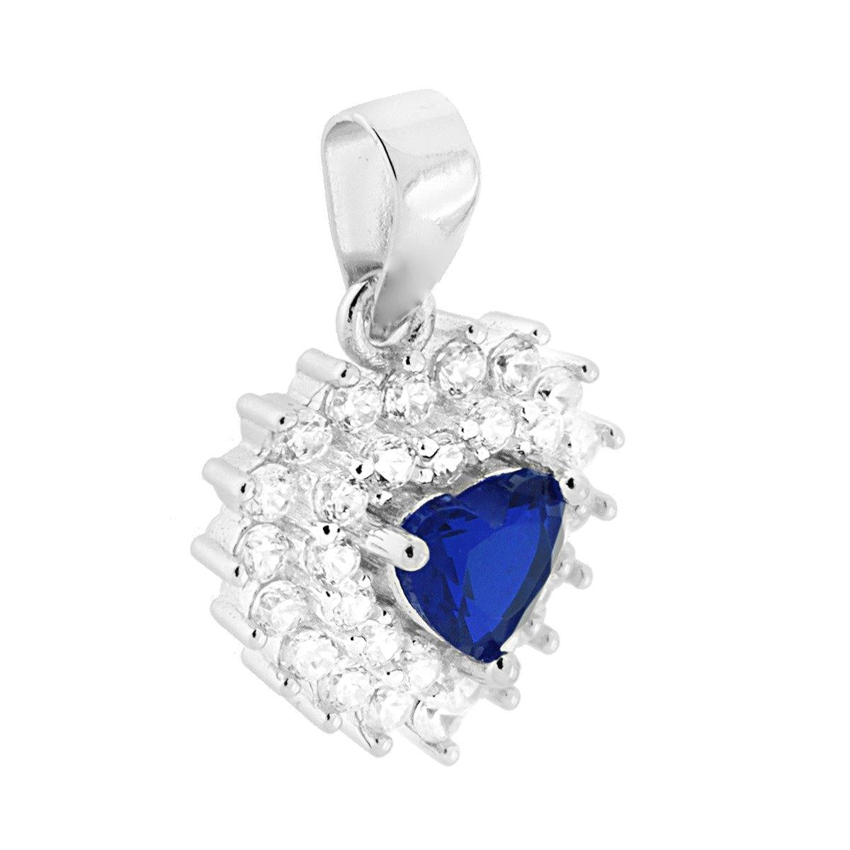 Ciondolo Cuore Zircone Blu Zaffiro contornato da Zirconi Bianchi in ARGENTO 925 Galvanica Rodio