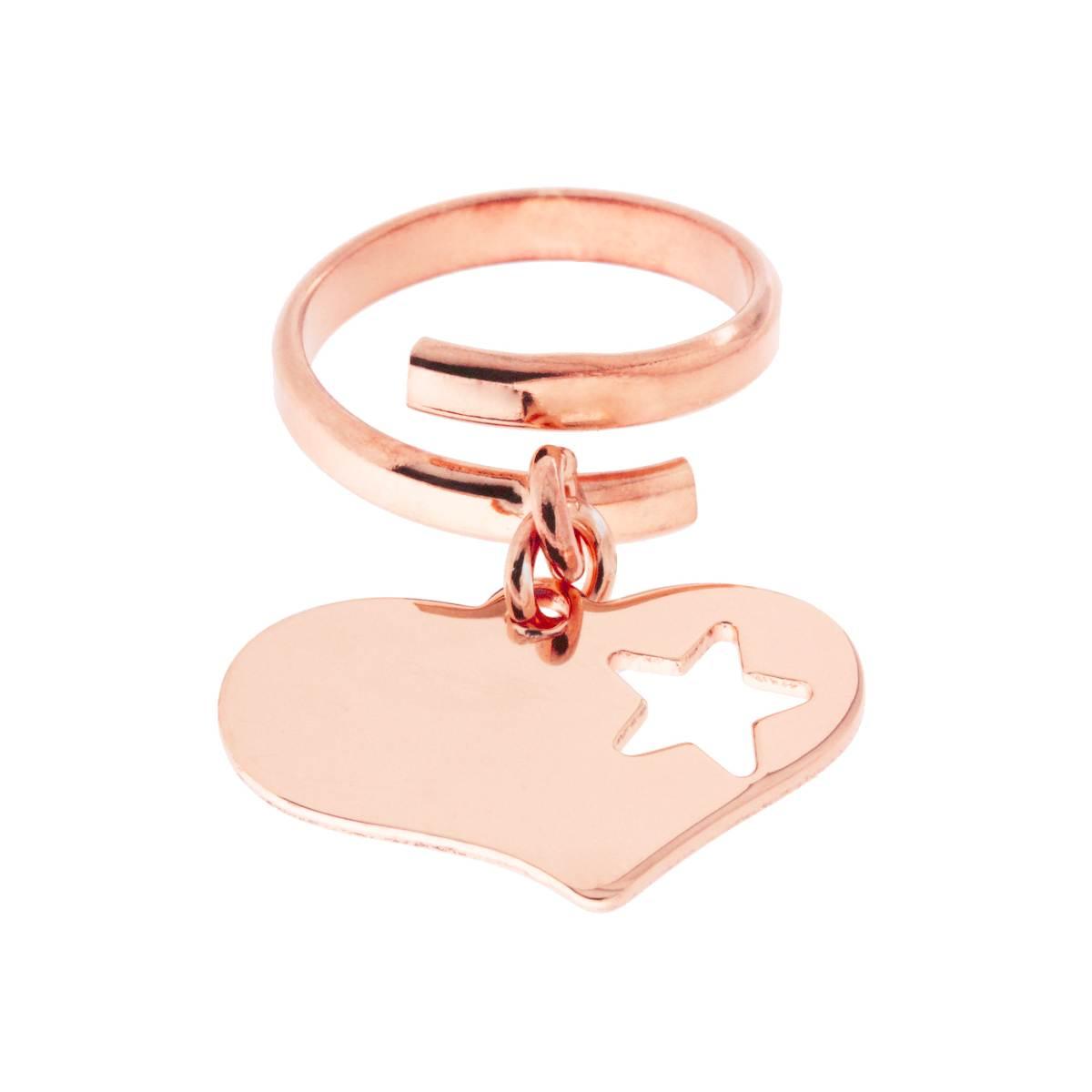 Anello Amore con Cuore pendente mm 23 con Stella Traforata in ARGENTO 925 Galvanica Rosa