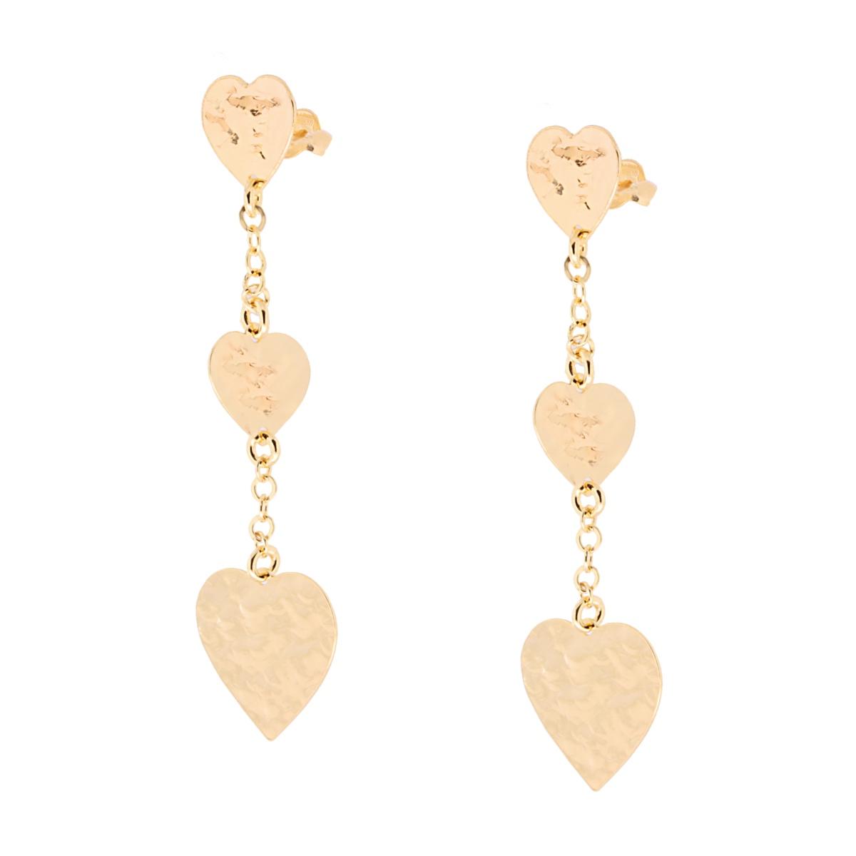 Orecchini pendenti con Catena Rolo e Cuori Piatti martellati in ARGENTO 925 Galvanica Oro