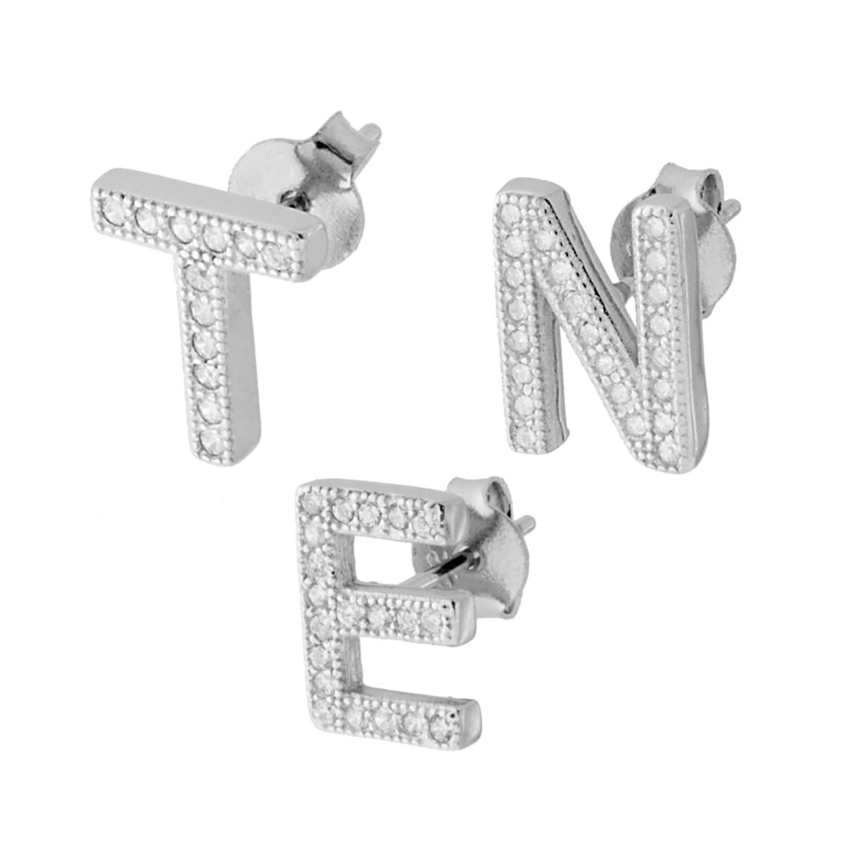 Orecchino Lettera per nome Iniziale con Zirconi Bianchi in ARGENTO 925 Galvanica Rodio