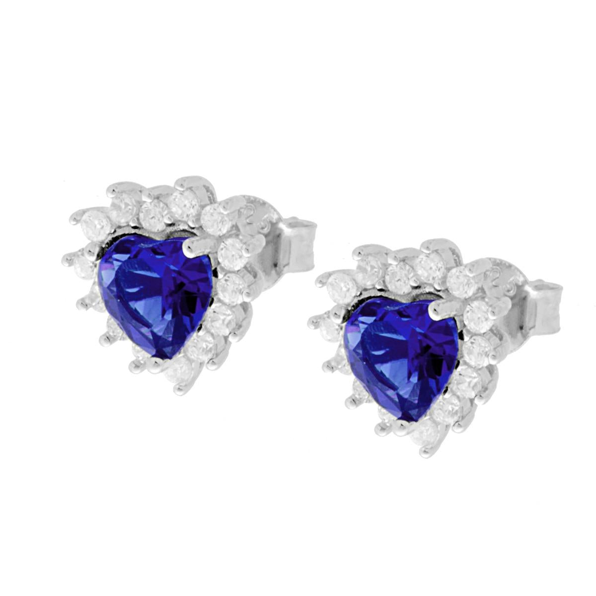 Orecchini Cuore Zircone Blu Zaffiro contornato da Zirconi Bianchi in ARGENTO 925 Galvanica Rodio