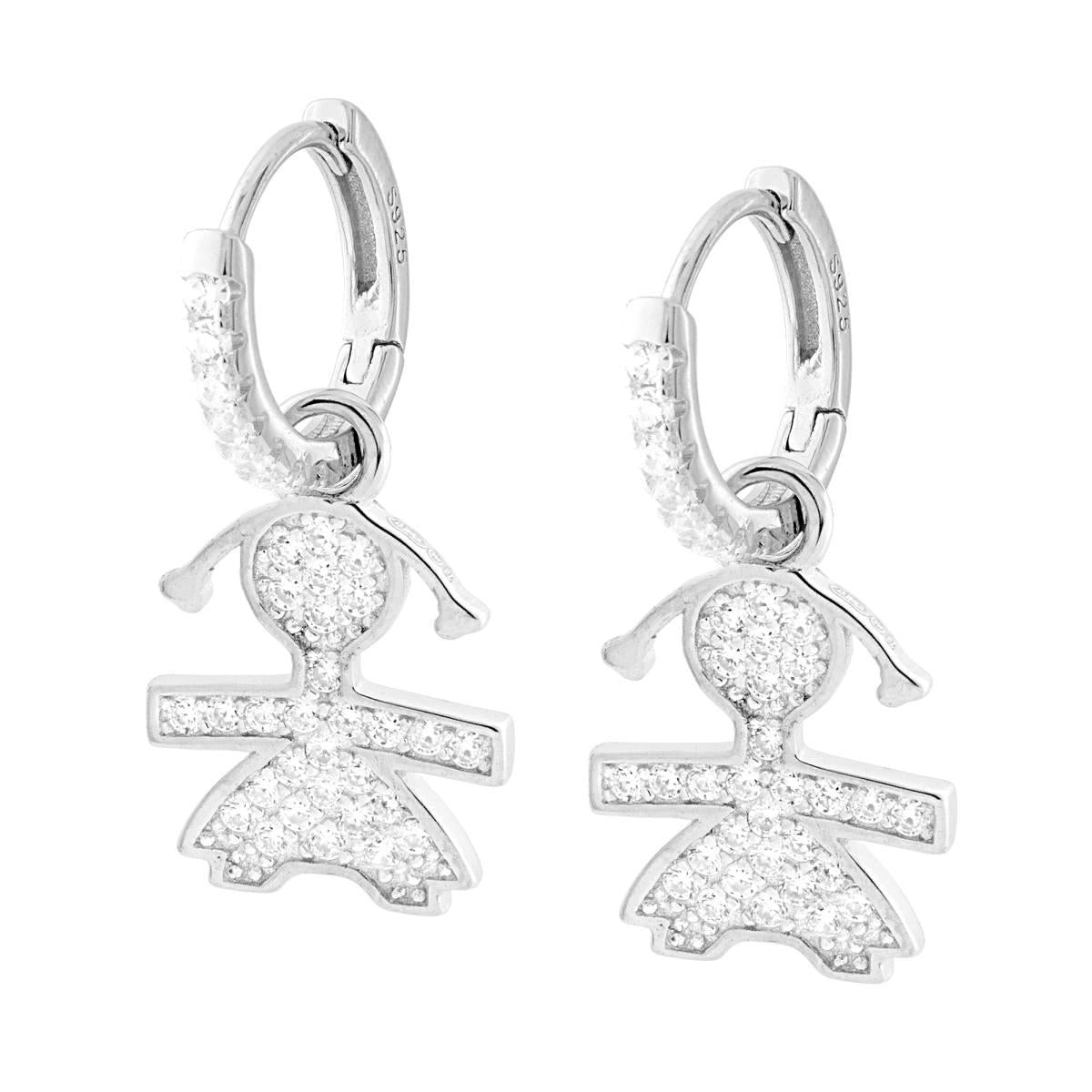 Orecchini Cerchio mm 13 con Bimba pendente con Zirconi Bianchi in ARGENTO 925 Galvanica Rodio