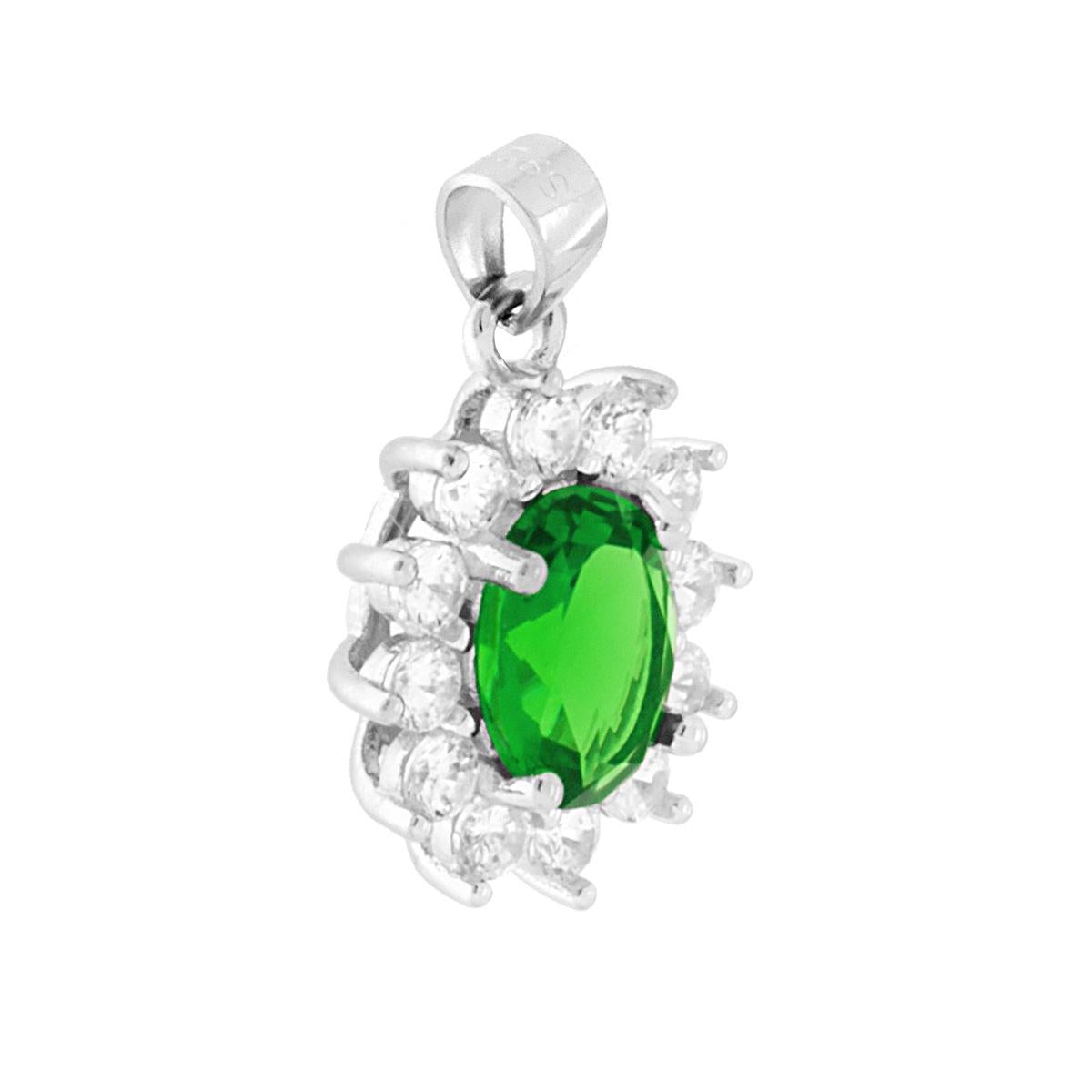 Ciondolo Ovale con Zircone Verde Smeraldo contornato da Zirconi Bianchi in ARGENTO 925 Galvanica Rodio