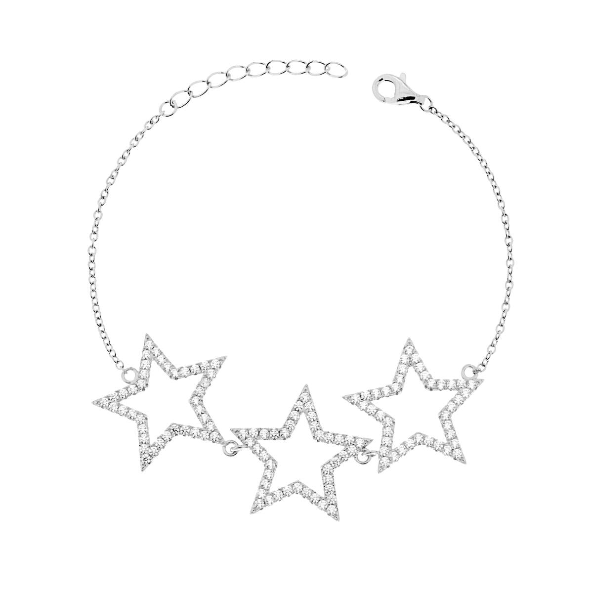 Bracciale Catena Forzatina con tre Stelle e Zirconi Bianchi in ARGENTO 925 Galvanica Rodio