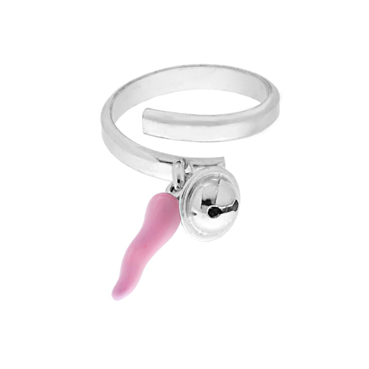 Anello con Portafortuna Corno smalto Rosa e Campanella in ARGENTO 925 Galvanica Rodio