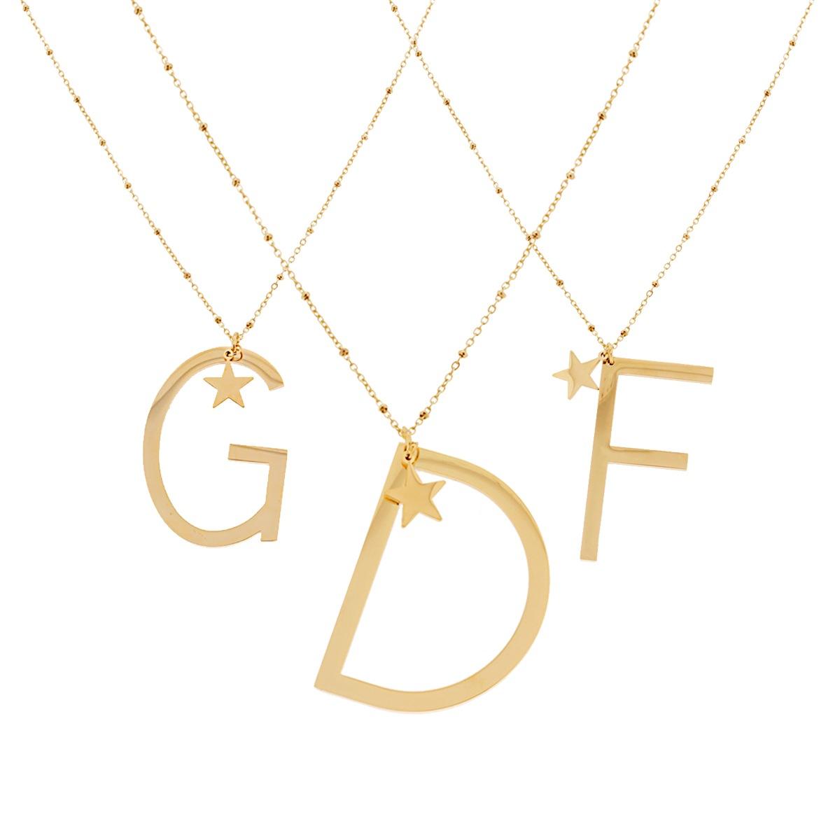 Collana Lunga Catena Forzatina con Palline cm 90 Stella plain e Lettera Iniziale Galvanica Oro in ACCIAIO