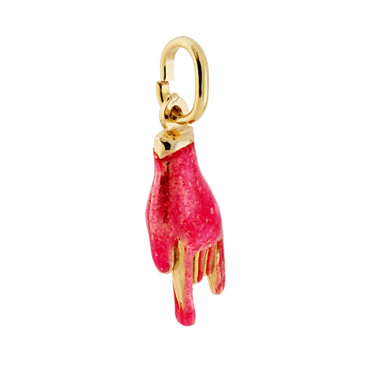 Ciondolo Portafortuna Mano Corna con Smalto glitter Fucsia in ARGENTO 925 Galvanica Oro