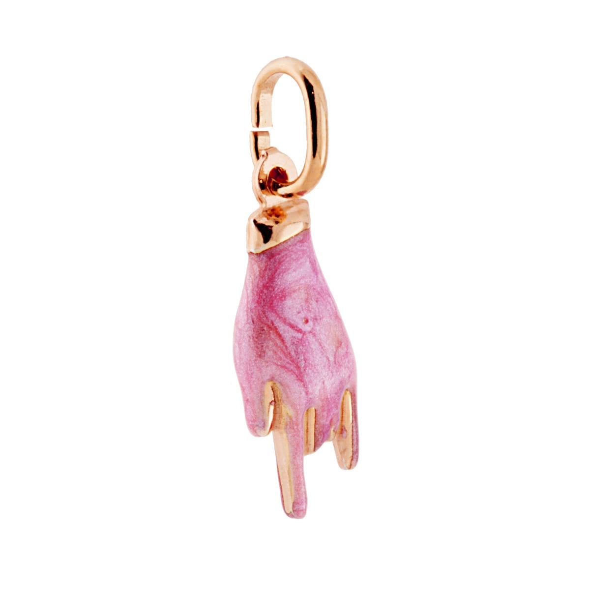 Ciondolo Portafortuna Mano Corna con Smalto Rosa perlato in ARGENTO 925 Galvanica Rosa