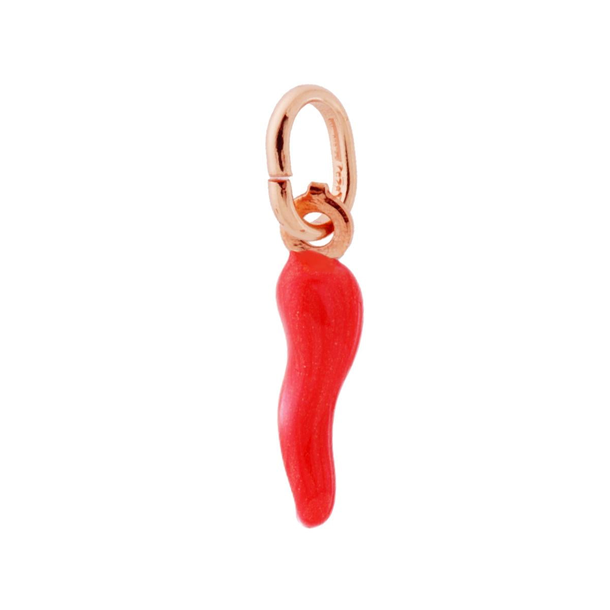 Ciondolo Portafortuna Corno mm 18 con Smalto Rosso perlato in ARGENTO 925 Galvanica Rosa