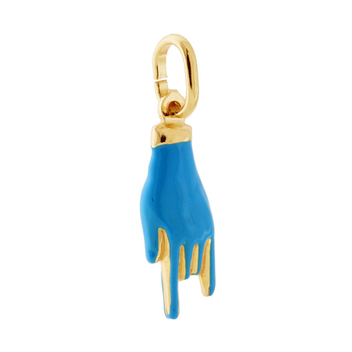 Ciondolo Portafortuna Mano Corna con Smalto Azzurro in ARGENTO 925 Galvanica Oro