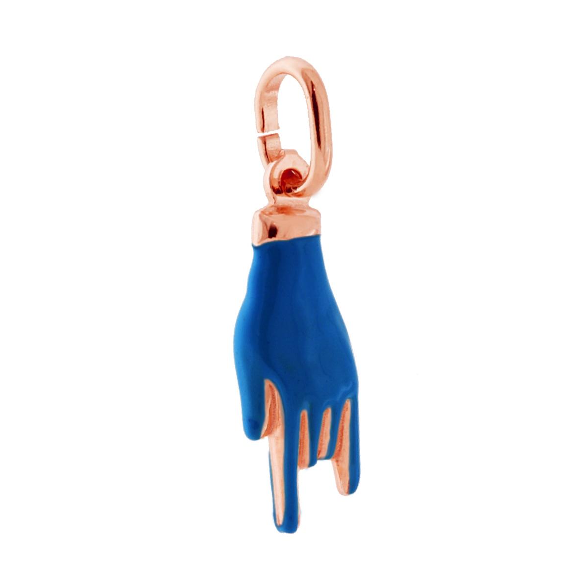 Ciondolo Portafortuna Mano Corna con Smalto Blu in ARGENTO 925 Galvanica Rosa