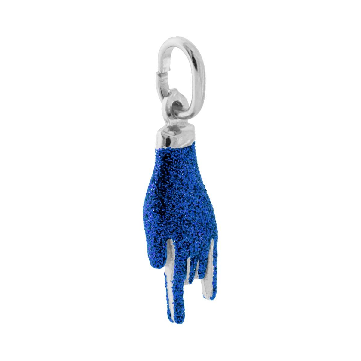 Ciondolo Portafortuna Mano Corna con Smalto Blu glitter in ARGENTO 925 Galvanica Rodio