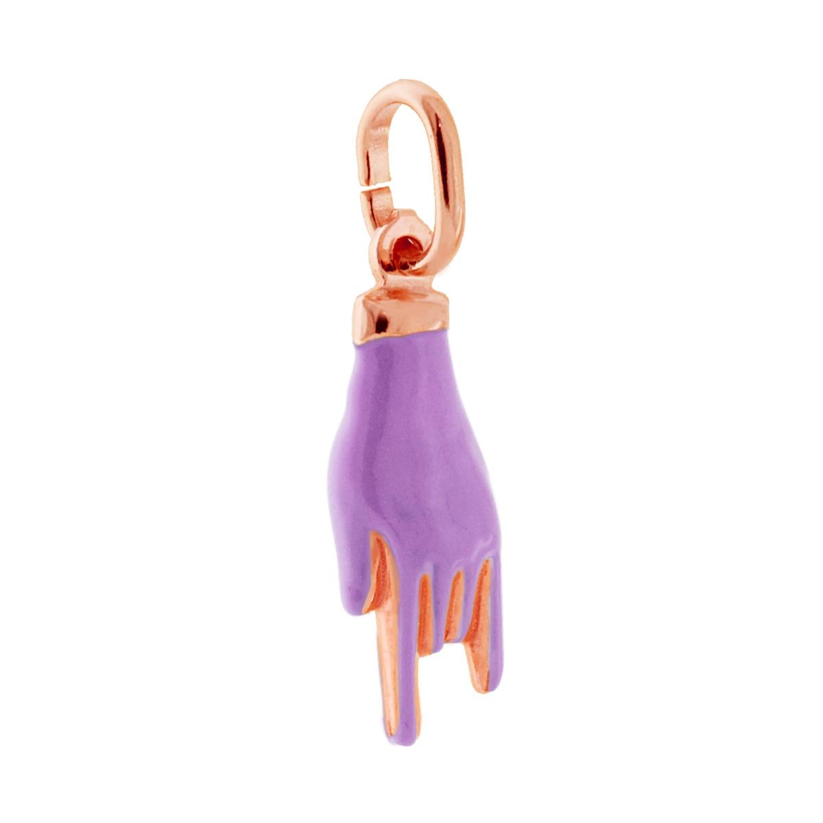 Ciondolo Portafortuna Mano Corna con Smalto Lilla in ARGENTO 925 Galvanica Rosa