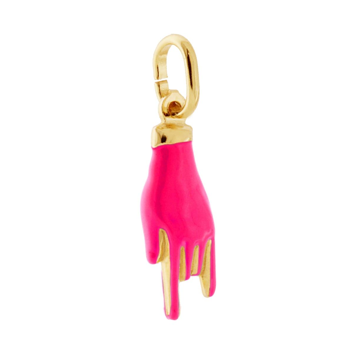 Ciondolo Portafortuna Mano Corna con Smalto Rosa Shock Fluo in ARGENTO 925 Galvanica Oro