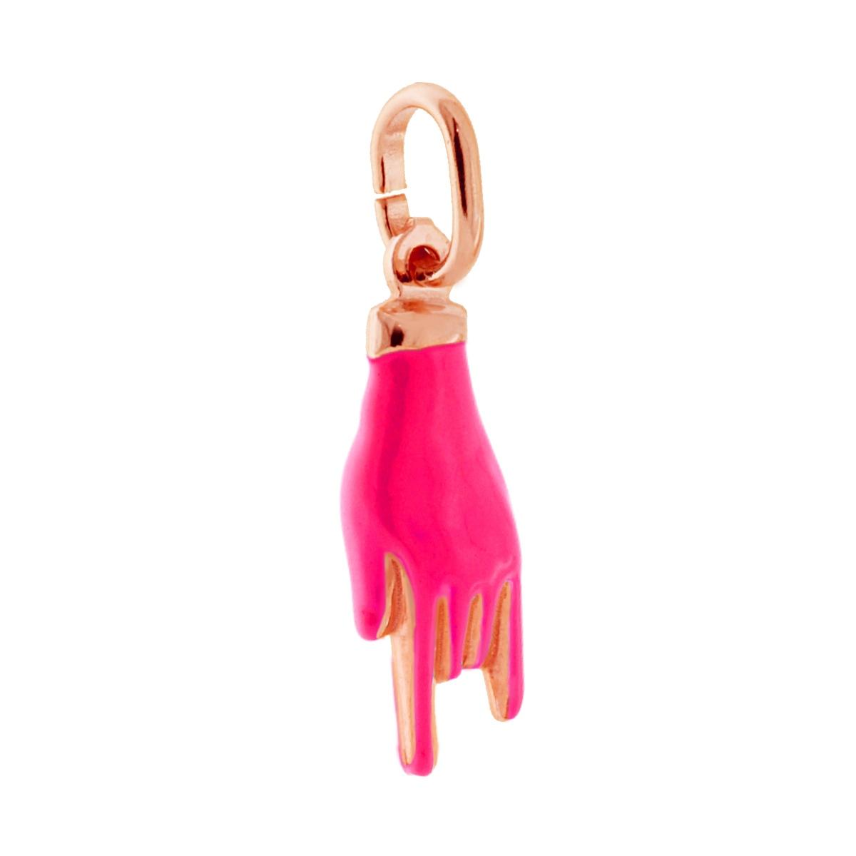 Ciondolo Portafortuna Mano Corna con Smalto Rosa Shock Fluo in ARGENTO 925 Galvanica Rosa