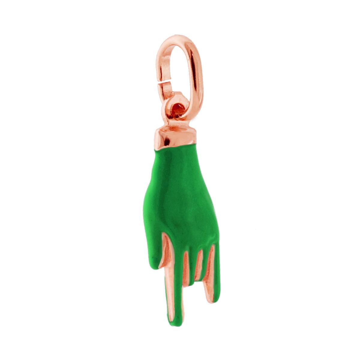 Ciondolo Portafortuna Mano Corna con Smalto Verde in ARGENTO 925 Galvanica Rosa