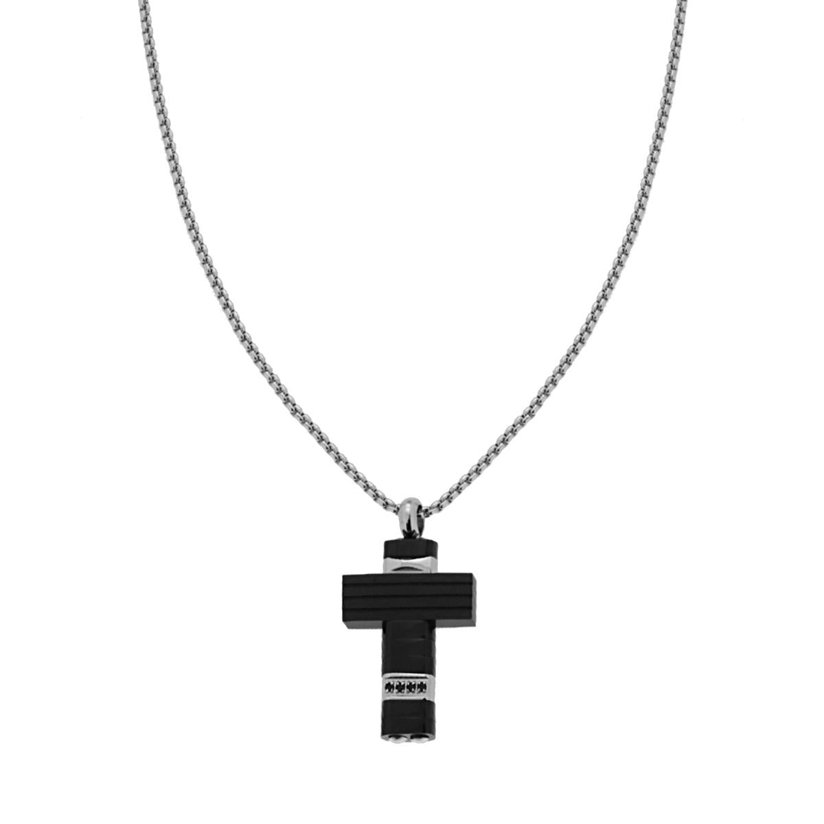 Collana Catena Veneziana Tonda con Croce Colore Nero e Crystal Neri in ACCIAIO