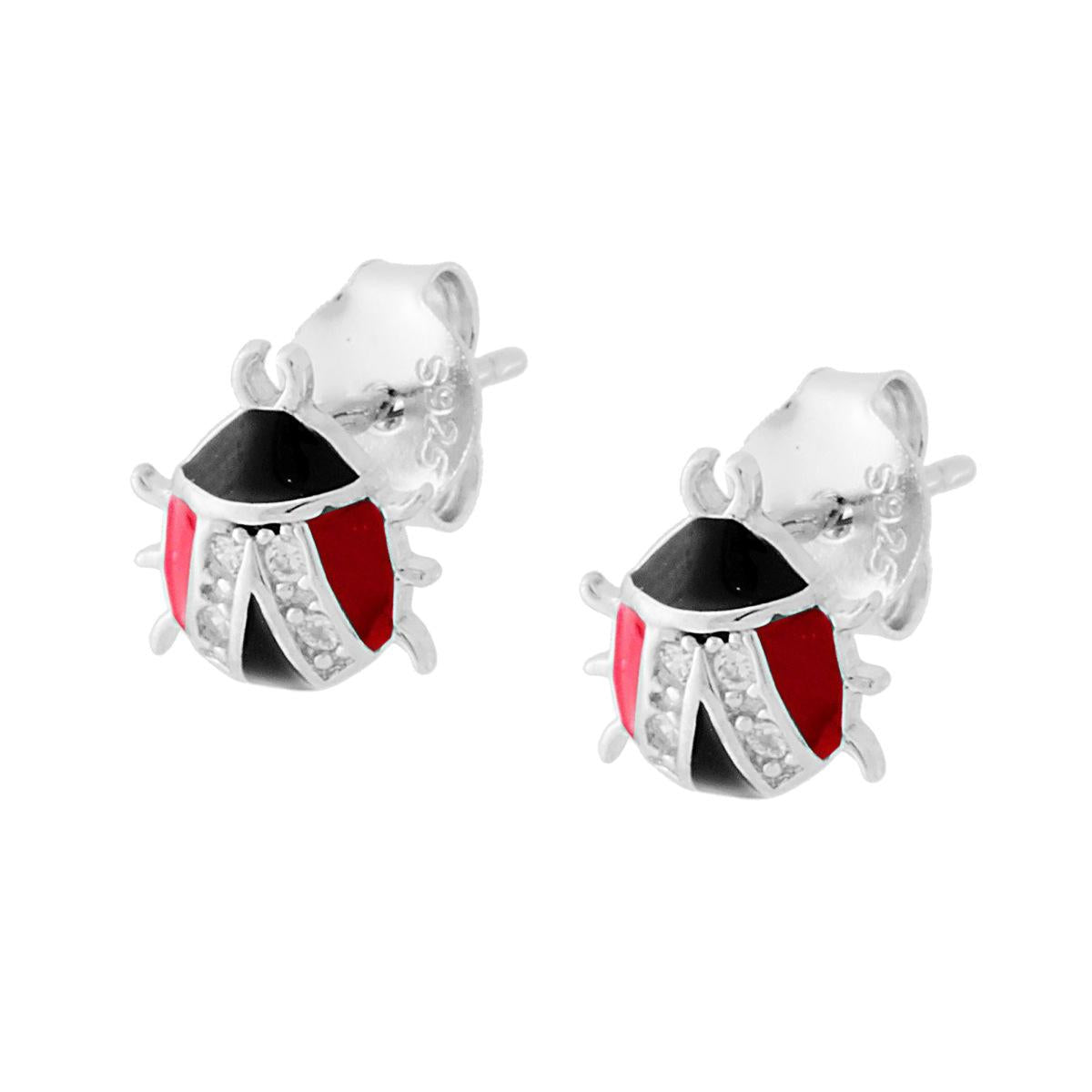 Orecchini Coccinella Smalto Rosso e Nero con Zirconi Bianchi in ARGENTO 925 Galvanica Rodio