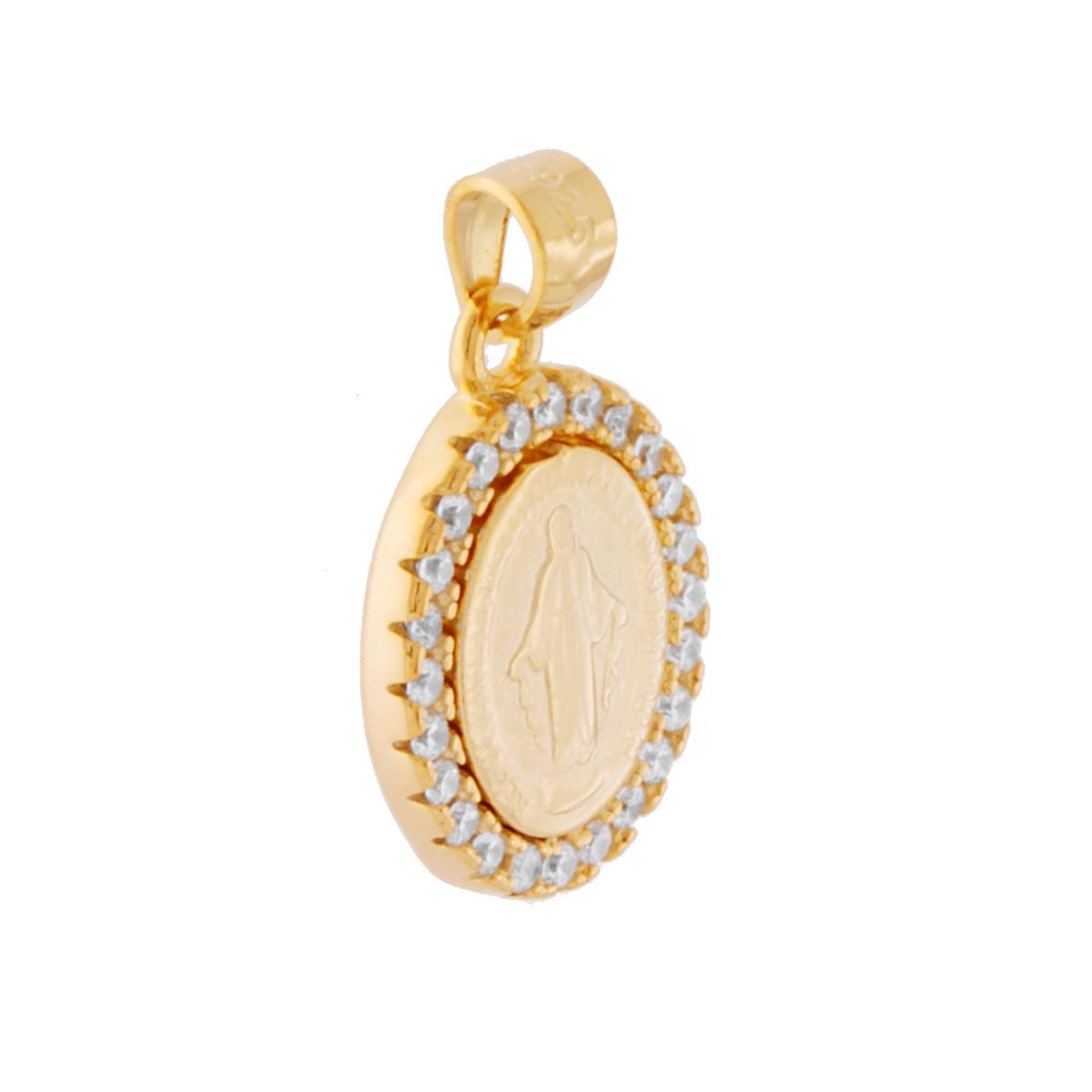 Ciondolo Medaglia Ovale 15 mm con Madonna Miracolosa e Zirconi Bianchi in ARGENTO 925 Galvanica Oro