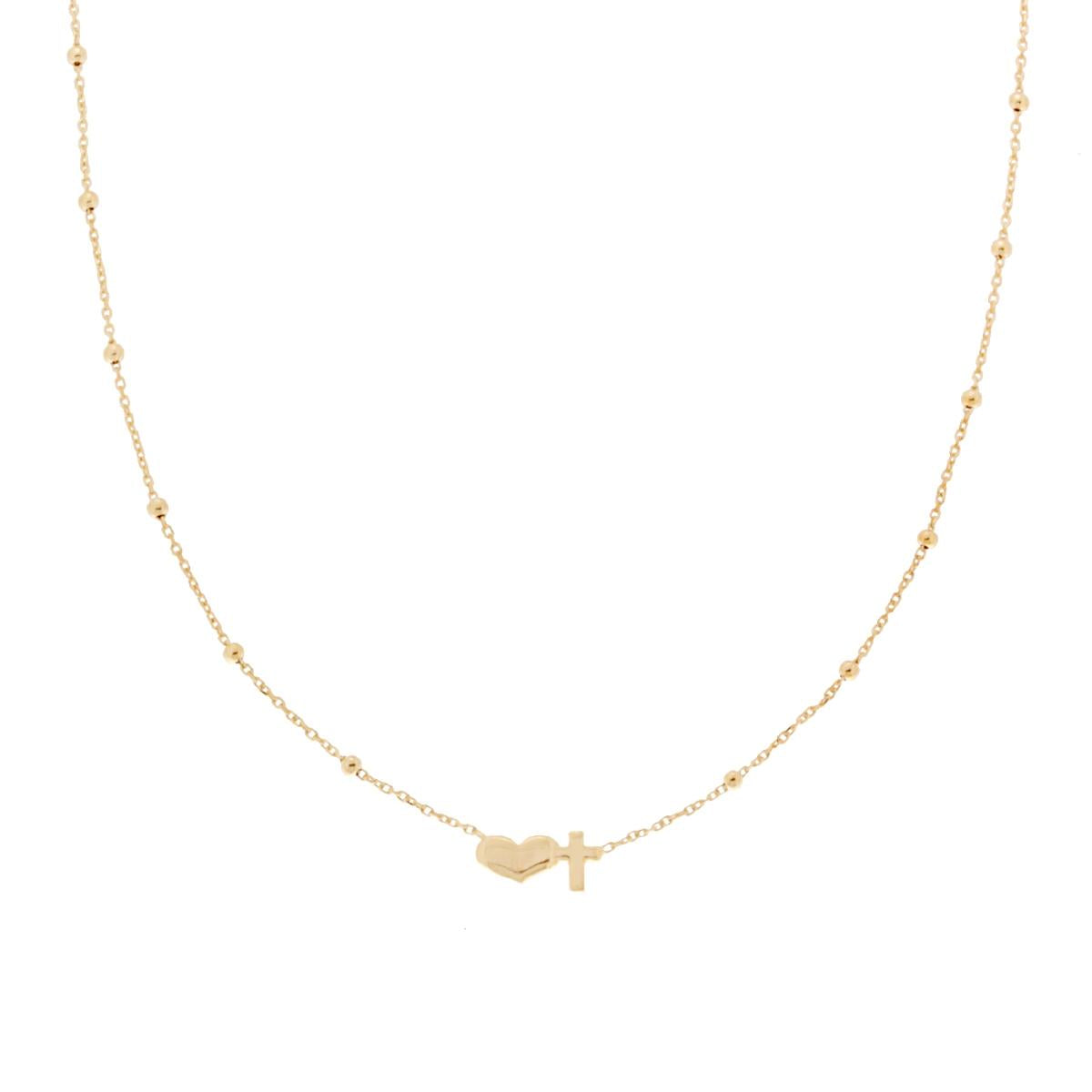 Collana Catena Forzatina diamantata con Palline e Cuore Croce centrale in ARGENTO 925 Galvanica Oro