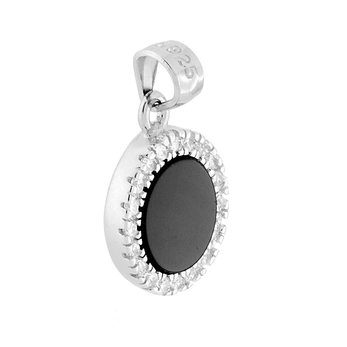 Ciondolo Tondo in Onice Nero contornato da Zirconi Bianchi in ARGENTO 925 Galvanica Rodio