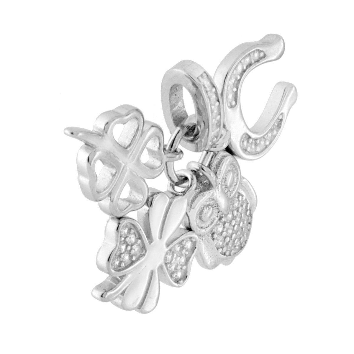Ciondolo Multipendente Portafortuna Civetta Ferro di Cavallo Quadrifoglio con Zirconi Bianchi in ARGENTO 925 Galvanica Rodio