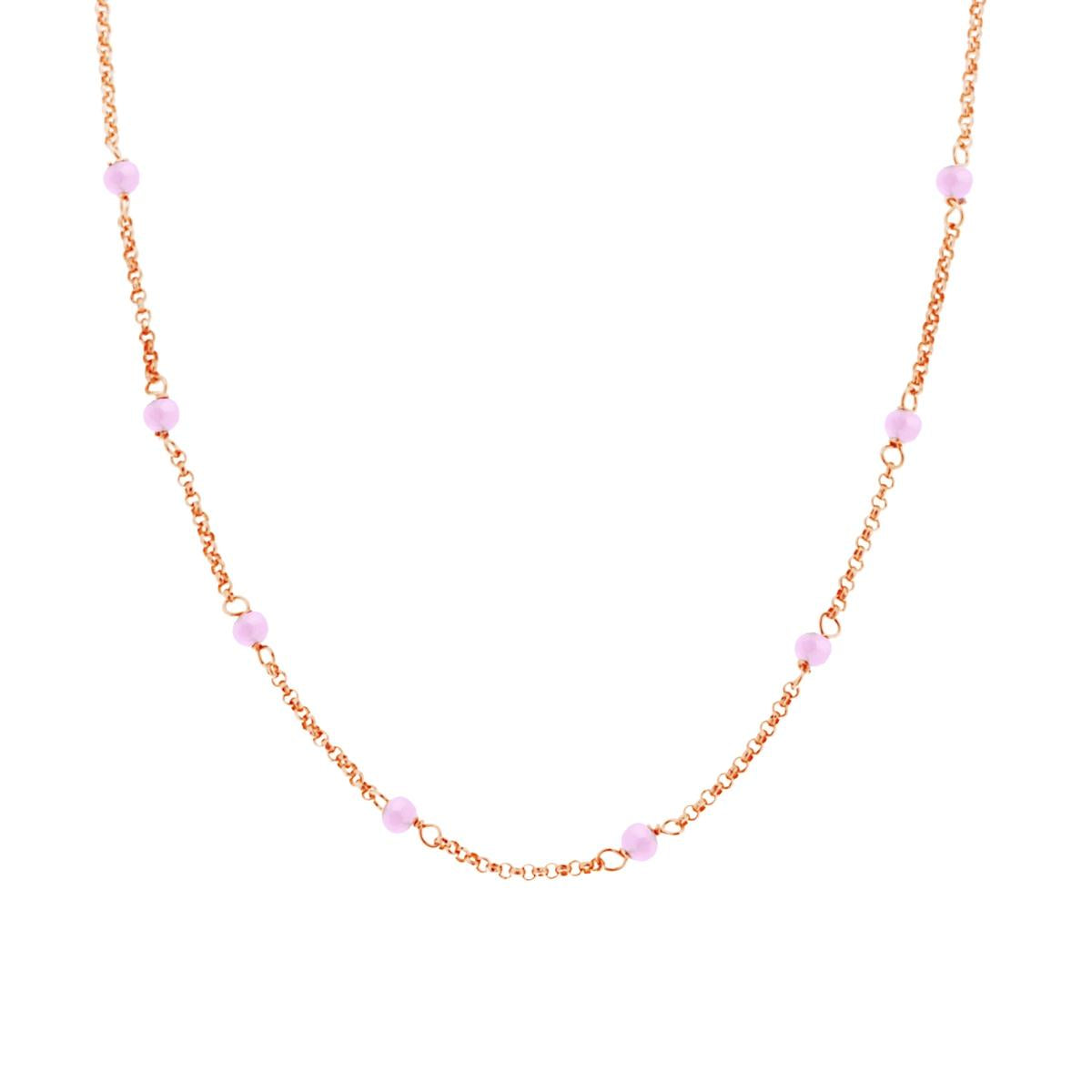 Collana Catena Rolo Diamantata con Crystal Rosa in ARGENTO 925 Galvanica Rosa