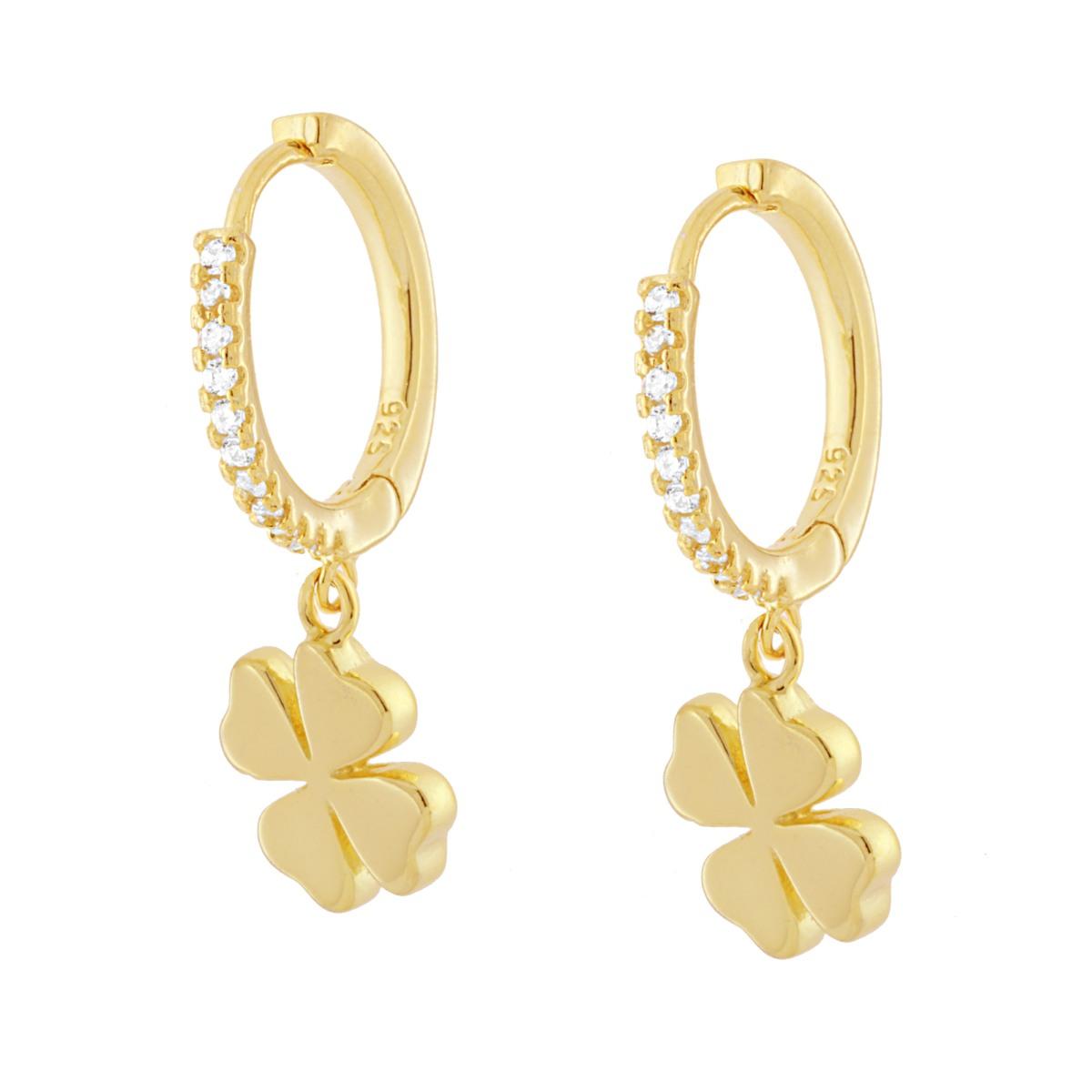 Orecchini Cerchi Boccoli con Zirconi Bianchi e Quadrifoglio plain pendente in ARGENTO 925 Galvanica Oro