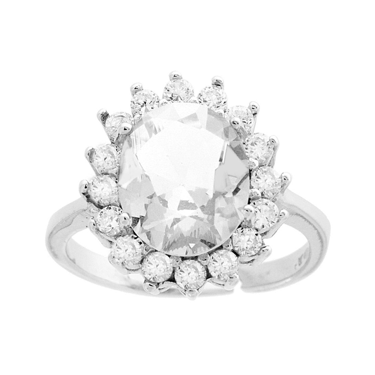 Anello Halo Solitario Ovale Bianco contornato da Zirconi Bianchi in ARGENTO 925 Galvanica Rodio