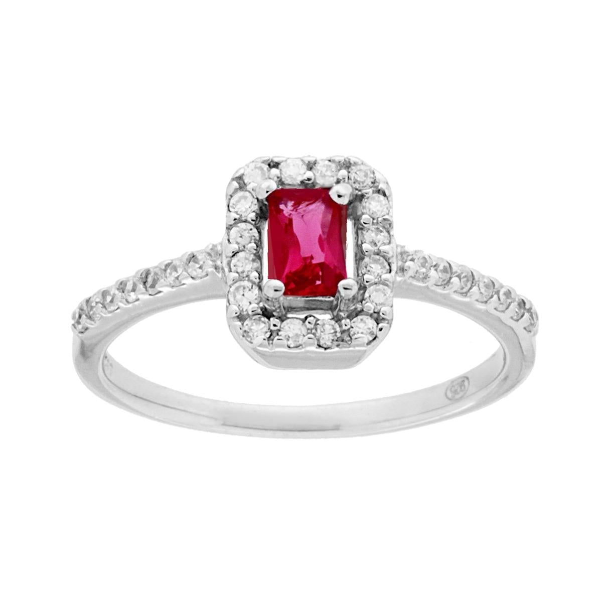 Anello Halo Solitario Rettangolo Cubic Zirconia Rosso Rubino e Zirconi Bianchi in ARGENTO 925 Galvanica Rodio