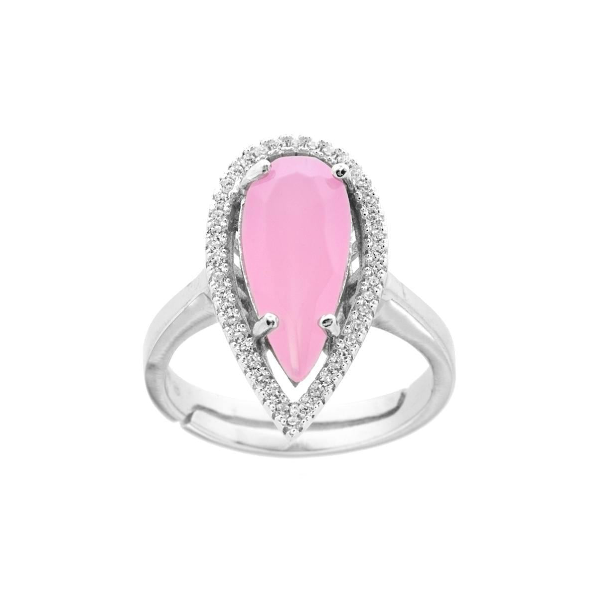 Anello Goccia con Pietra Rosa sfaccettata contornata con Zirconi Bianchi in ARGENTO 925 Galvanica Rodio