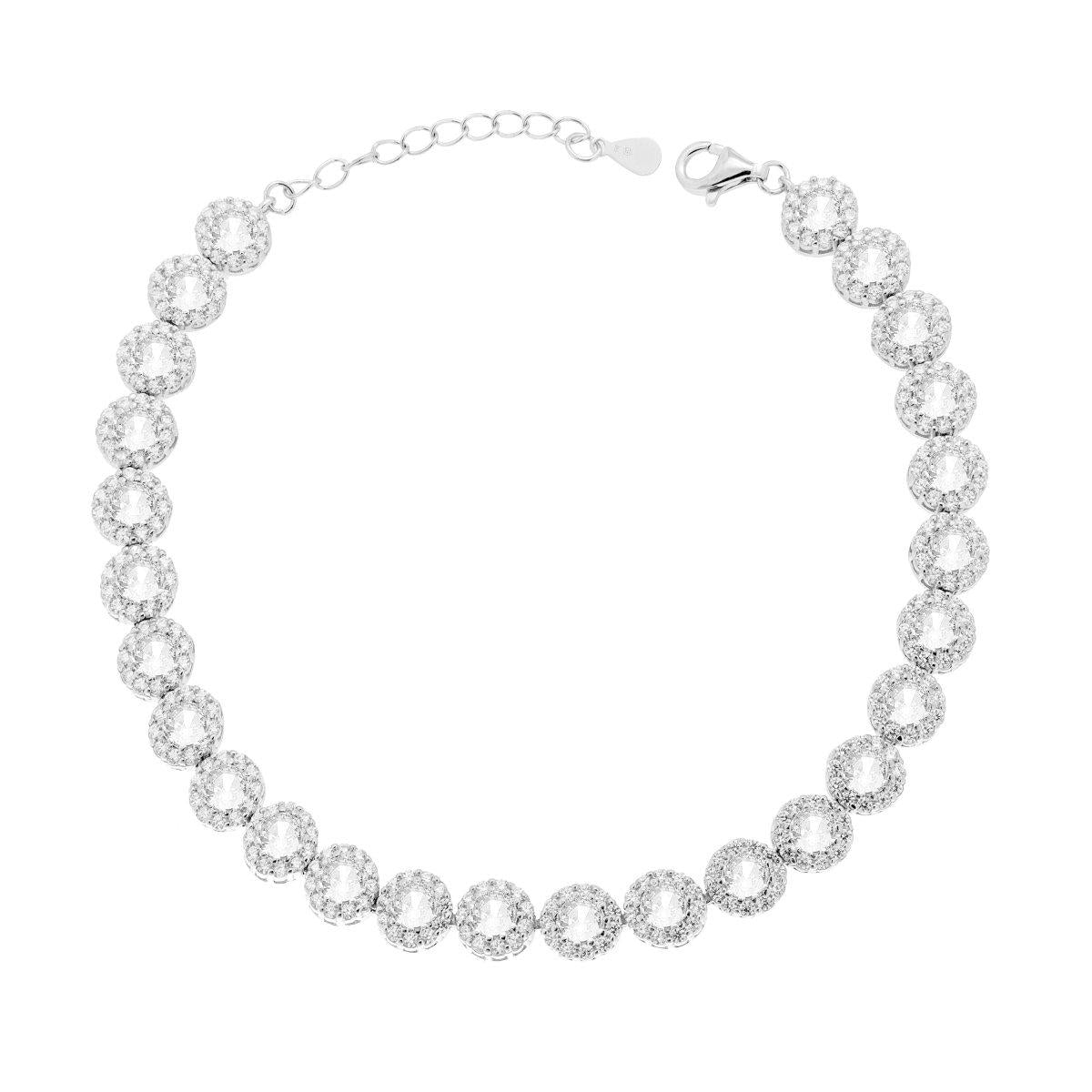 Bracciale Tennis Griffe cm 18+3 Fiore con Cubic Zirconia Bianco contornato da Cubic Zirconia Bianchi in ARGENTO 925 Galvanica Rodio