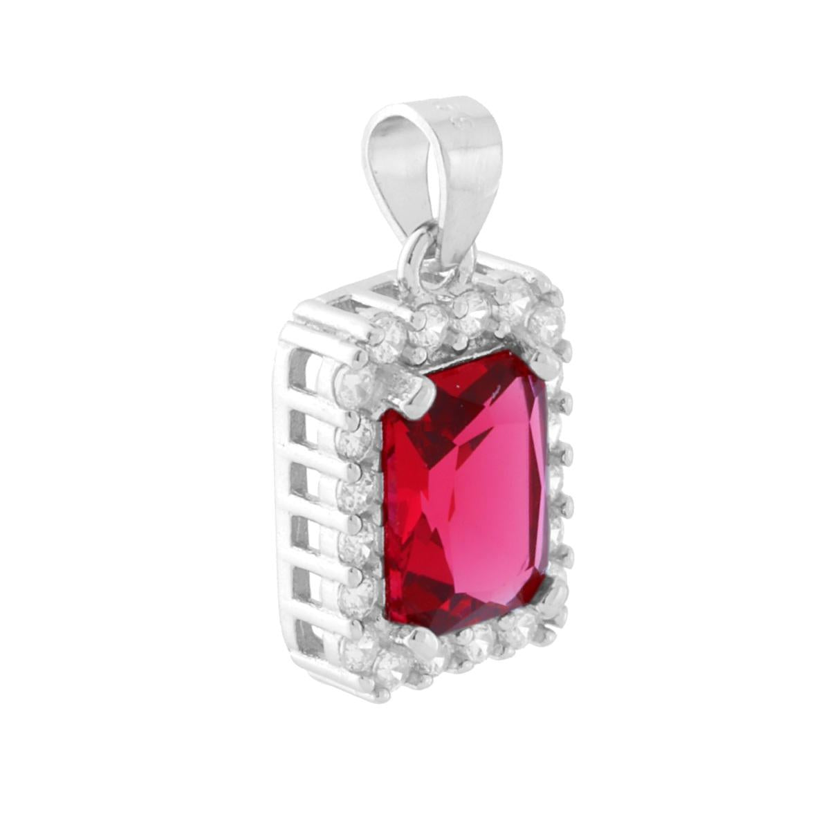 Ciondolo Rettangolare con Cubic Zirconia Rosso Rubino contornato da Cubic Zirconia Bianchi in ARGENTO 925 Galvanica Rodio