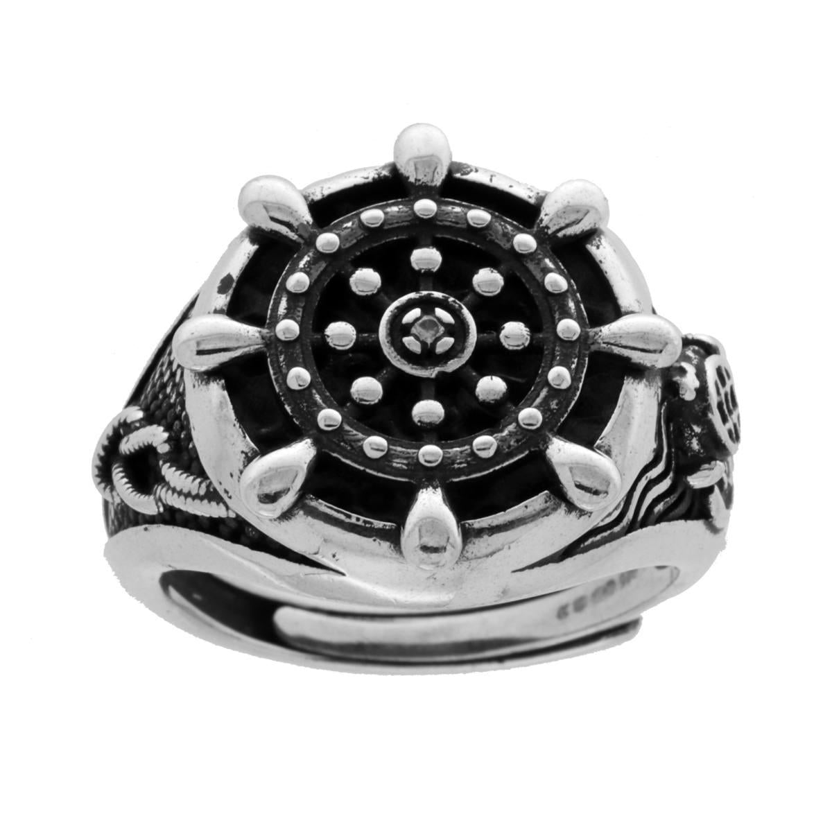 Anello Uomo Chevalier Tondo con Timone e Zircone Bianco in ARGENTO 925 Galvanica Rodio Brunito