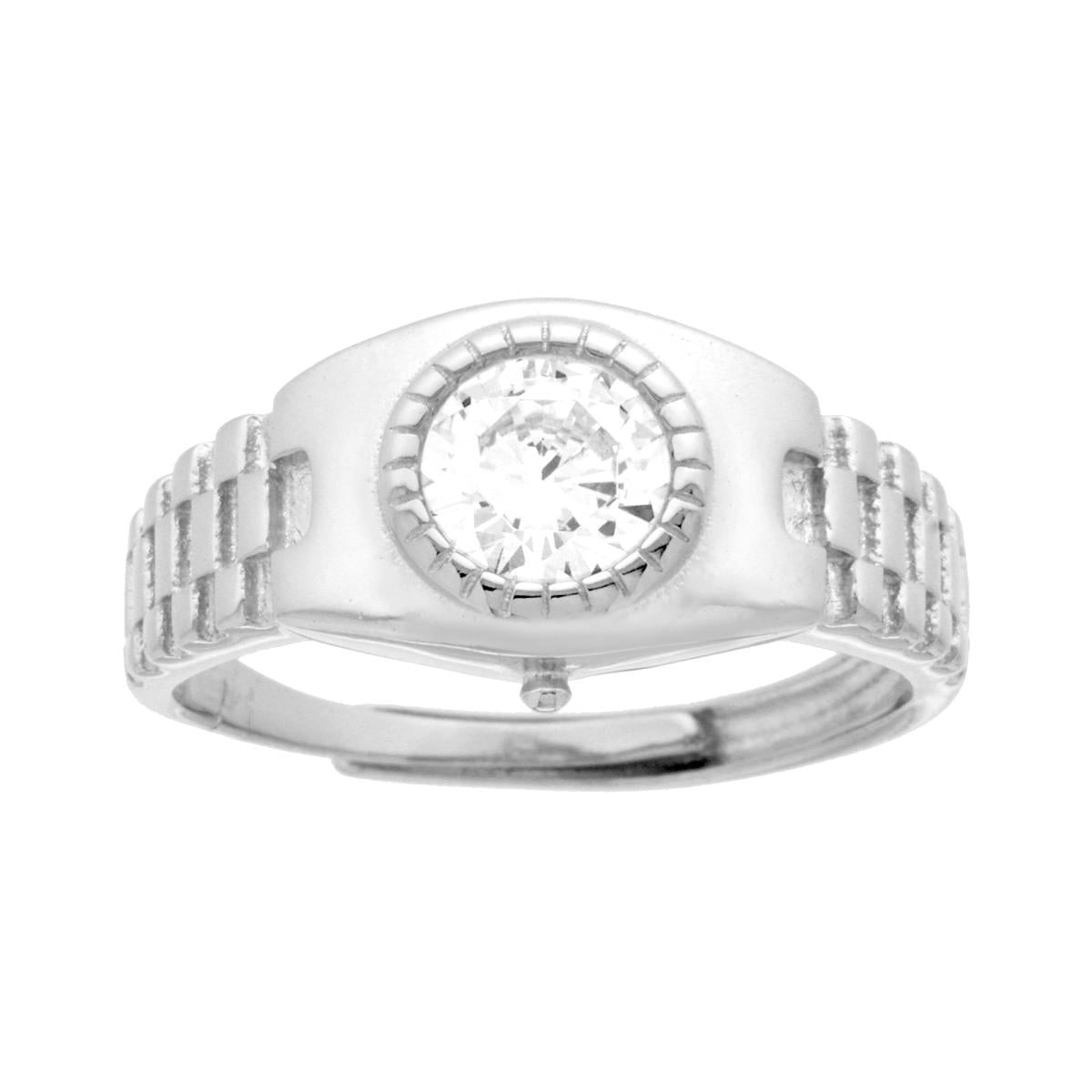 Anello Solitario Uomo modello ghiera Orologio con Zircone Bianco in ARGENTO 925 Galvanica Rodio