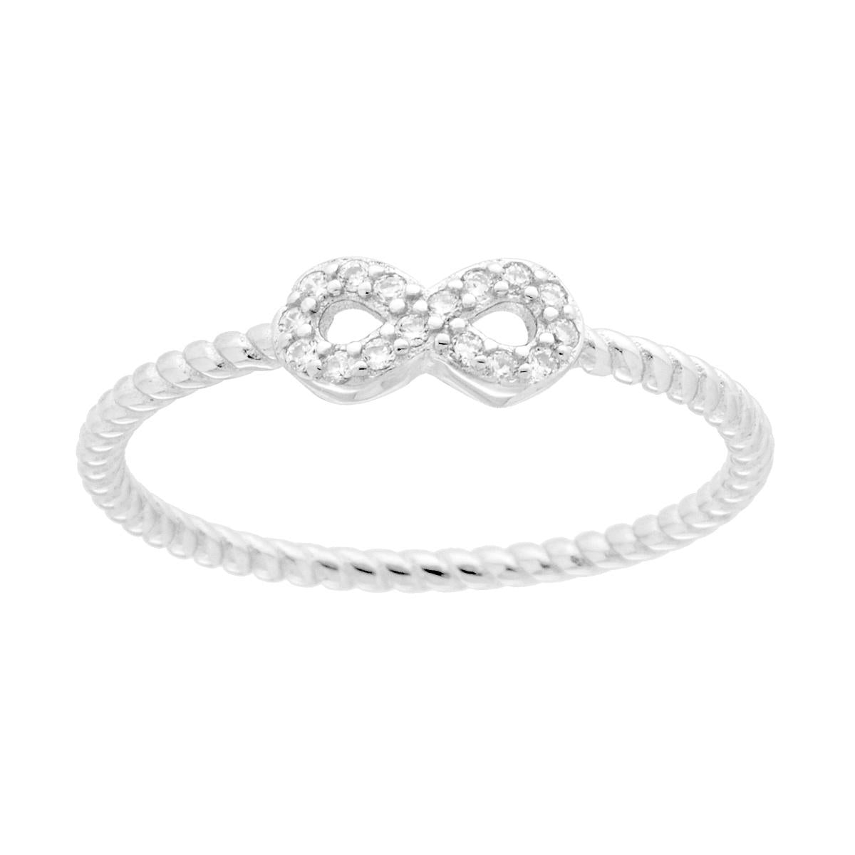 Anello Infinito con Cubic Zirconia Bianchi e gambo intrecciato in ARGENTO 925 Galvanica Rodio