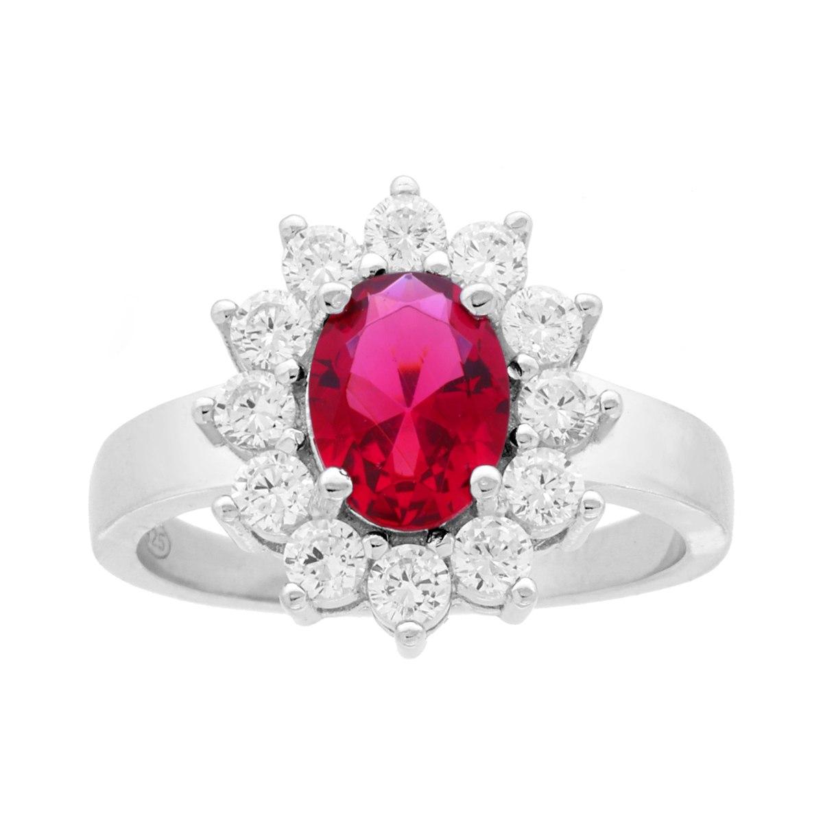 Anello Halo Solitario Ovale con Cubic Zirconia Rosso Rubino contornato da Cubic Zirconia Bianchi in ARGENTO 925 Galvanica Rodio