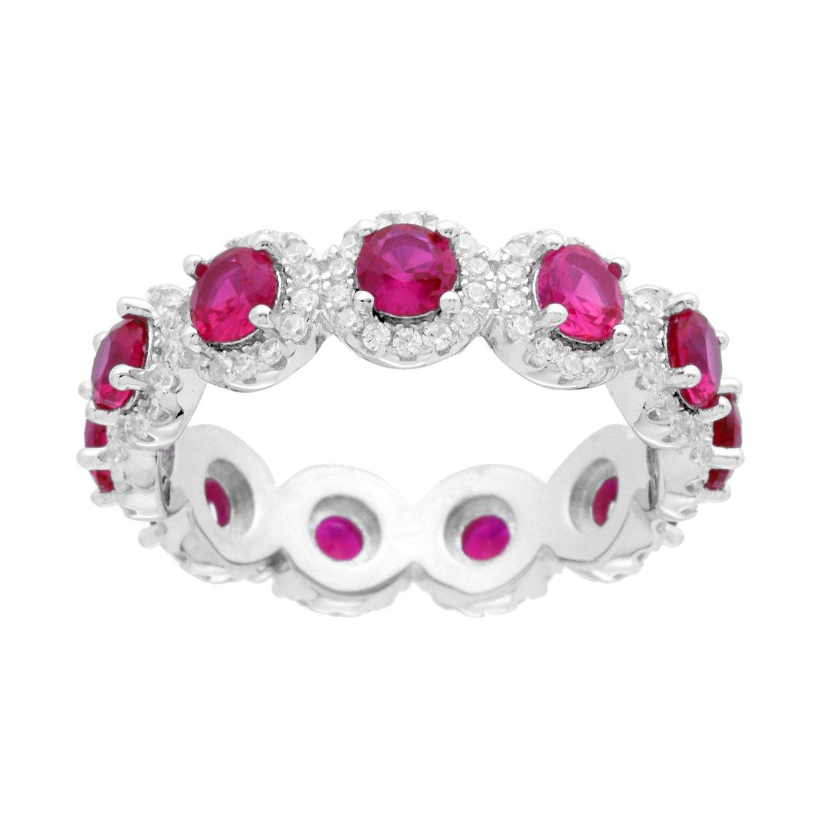 Anello Eternity Veretta a giro con Cubic Zirconia Rosso Rubino contornati da Cubic Zirconia Bianchi in ARGENTO 925 Galvanica Rodio