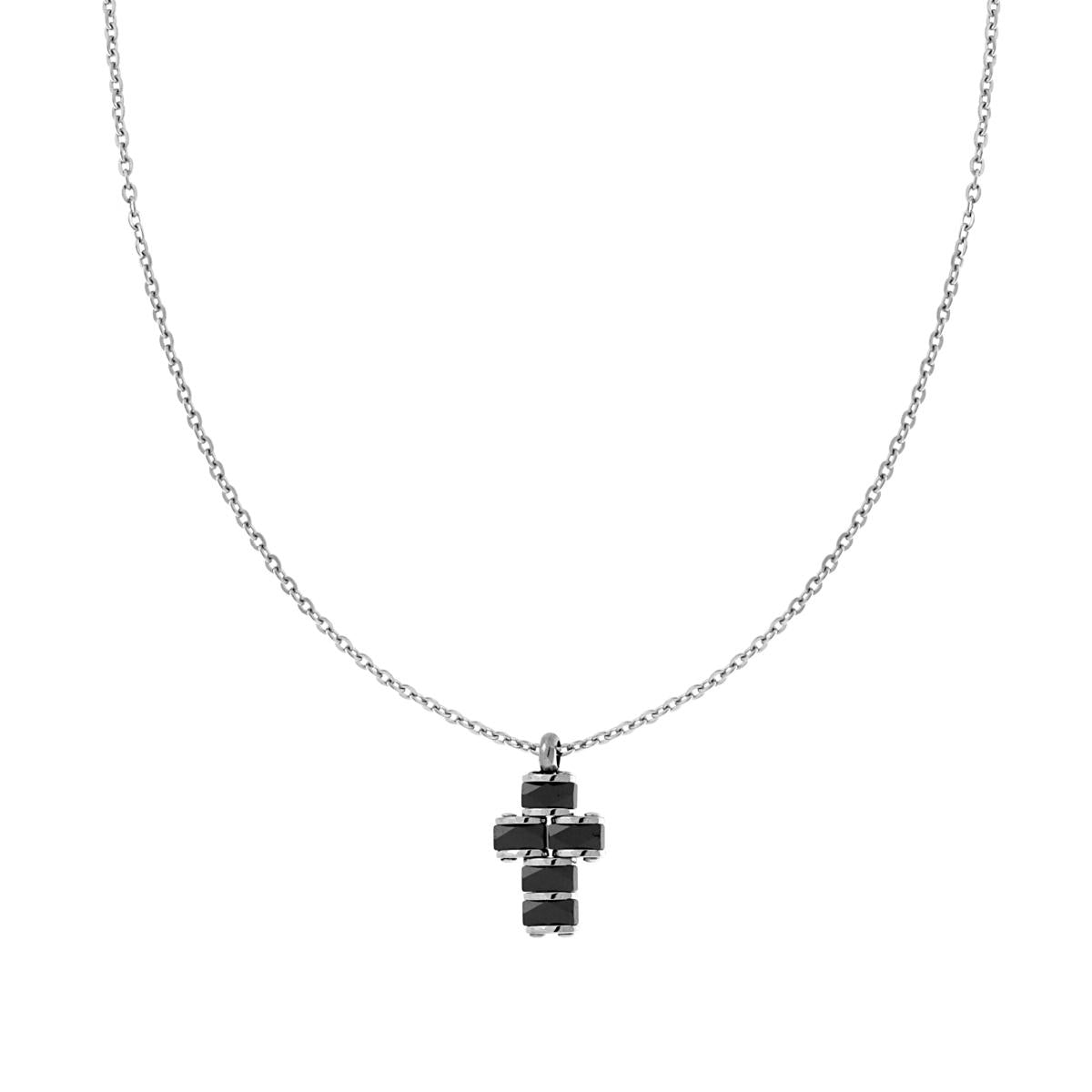Collana Catena Forzatina Diamantata con Croce pendente con dettagli in Ceramica Nera Bugnata in ACCIAIO
