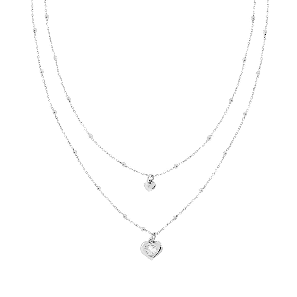 Collana due fili Catena Forzatina Diamantata con Palline lisce e Cuori pendenti con Cubic Zirconia Bianco in ARGENTO 925 Galvanica Rodio