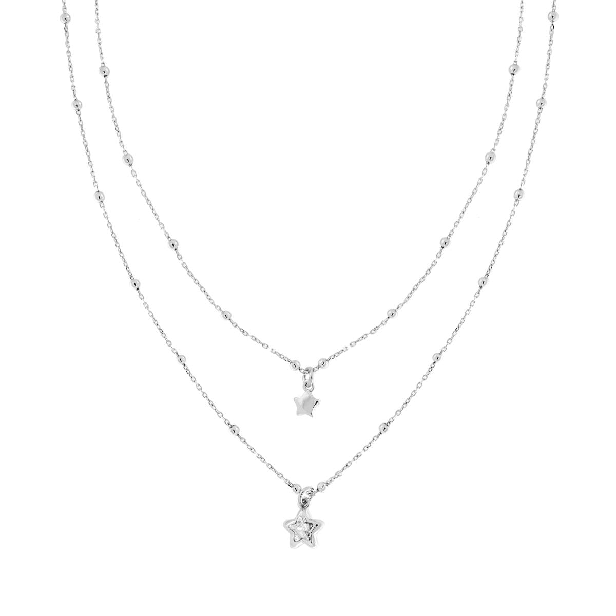 Collana due fili Catena Forzatina Diamantata con Palline lisce e Stelle pendenti con Cubic Zirconia Bianco in ARGENTO 925 Galvanica Rodio