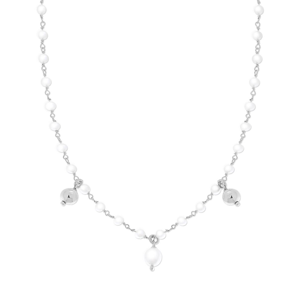Collana Catena con Perle vetro perlato e Palline pendenti in ARGENTO 925 Galvanica Rodio